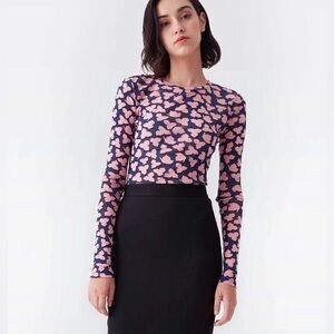 Diane von Furstenberg Logan Mesh Top Long Sleeve Leaf Shadow Blue Size Medium